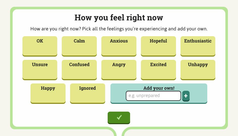 A grid of possible words such as OK, anxious, angry, and happy under the heading 