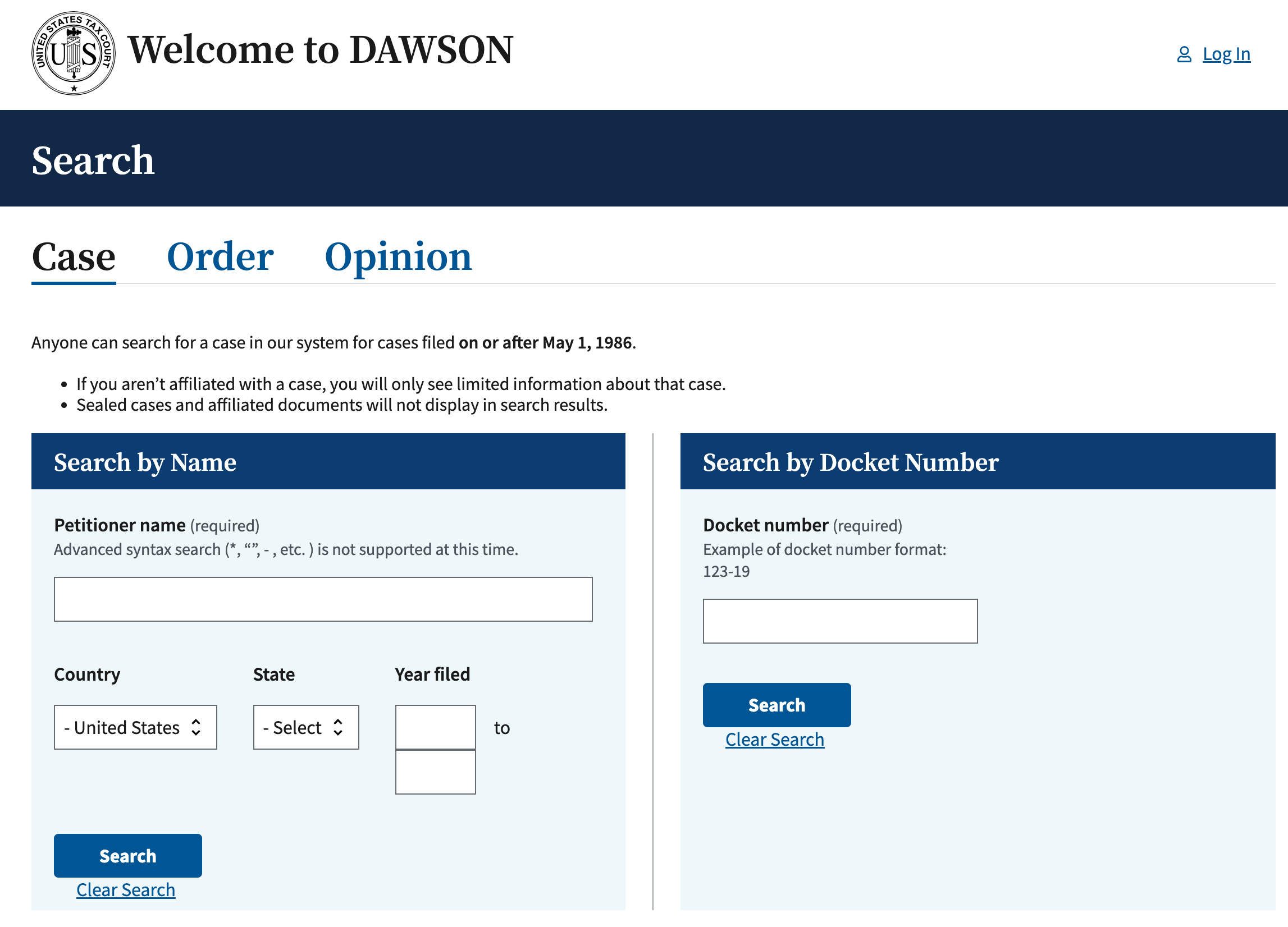 Screenshot of the DAWSON case filing system, with tabs to search for specific cases, orders, or opinions from the U.S Tax Court