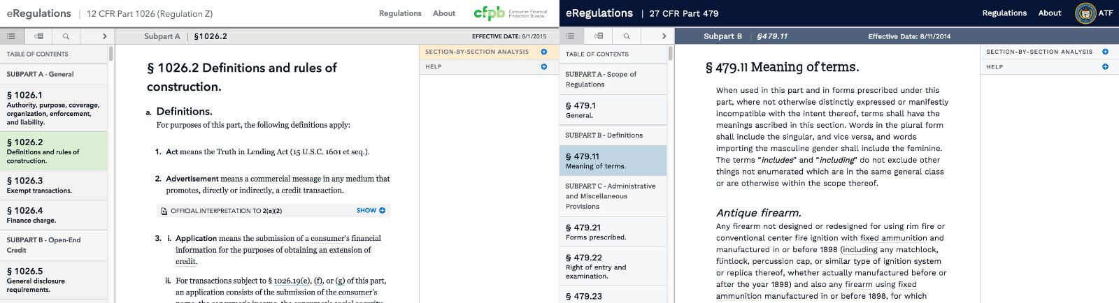 A comparison of CFPB's eRegs and ATF's eRegs