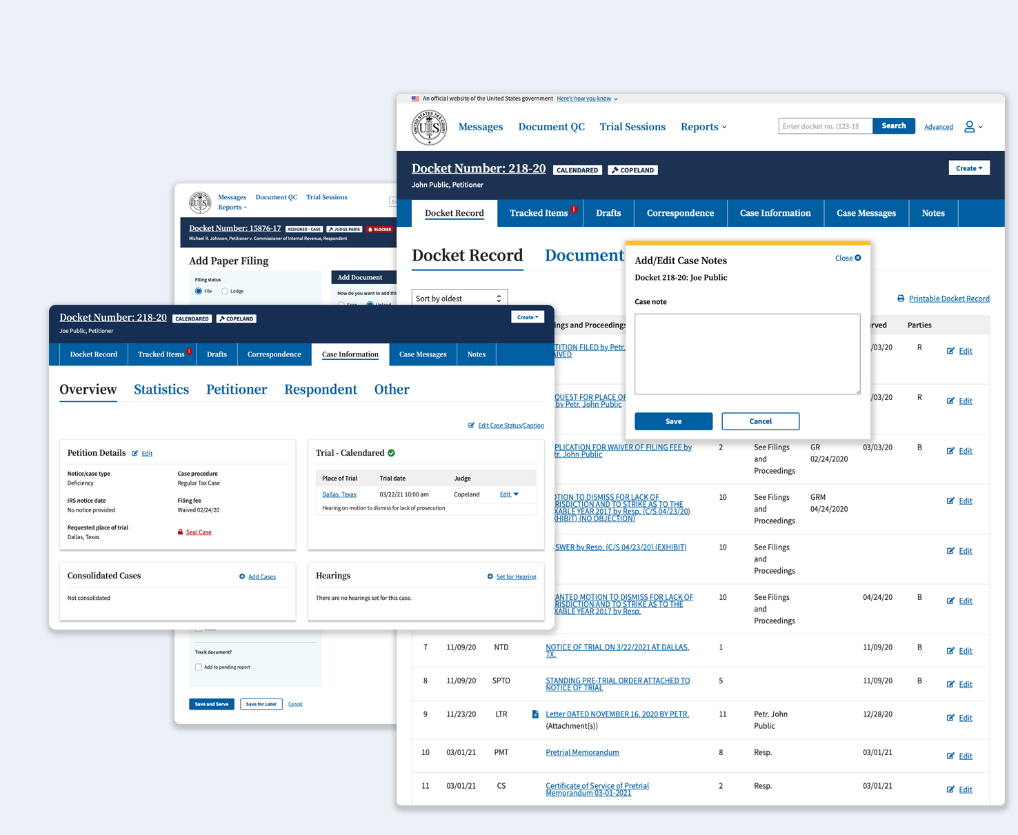 Screenshots of the case management app with details about docket numbers, related petitions, trials, and hearings