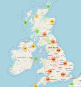 Map of UK with pins for events