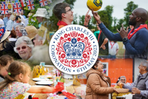 Montage of adults and children taking part in different coronation activities. The Coronation emblem is in the centre of the image.