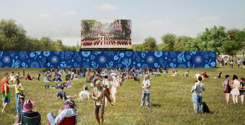 Computer-generated image of Hyde Park with large screens showing the Coronation