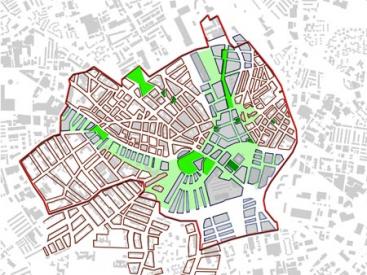 Plan from the design guide showing the city centre builing line and open spaces