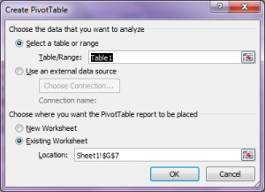 PivotTables dialog